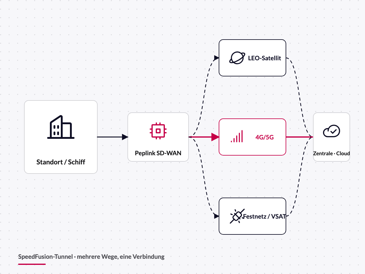 Schema: Standort mit Peplink SD-WAN, 4G/5G, Satellit und Festnetz